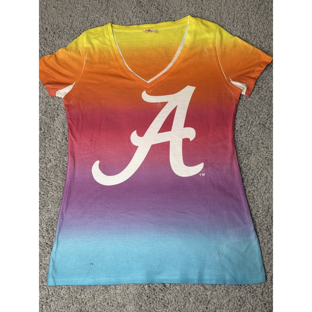 Alabama Crimson Tide Women's  Large Rainbow Ombre Tie Dye V-Neck T-Shirt